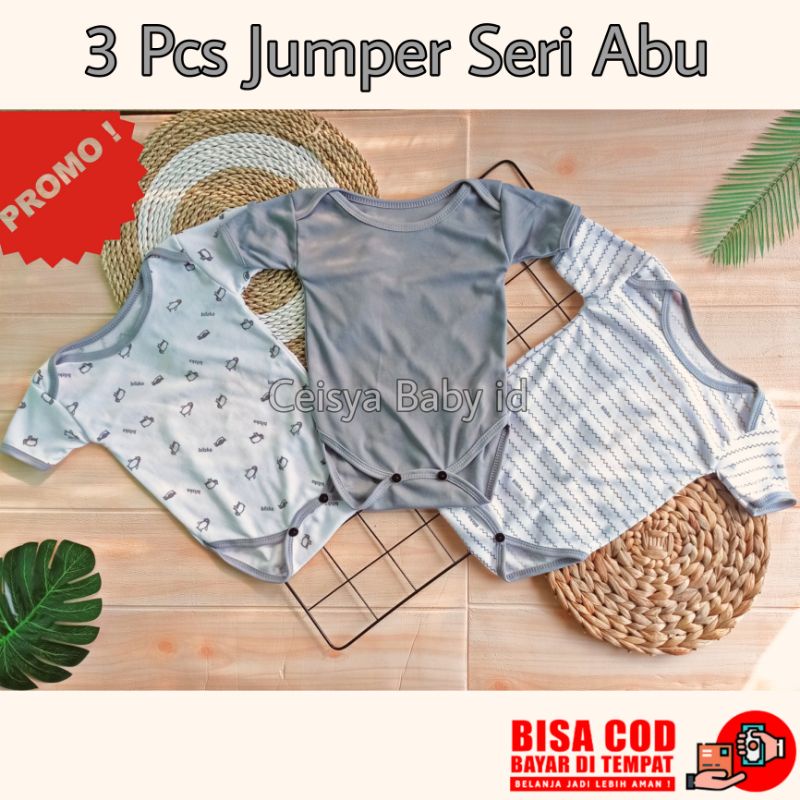 3 PCS Jumper Bayi Bodysuit Seri Abu / Jumper Bayi Baru Lahir 0-3 Bulan