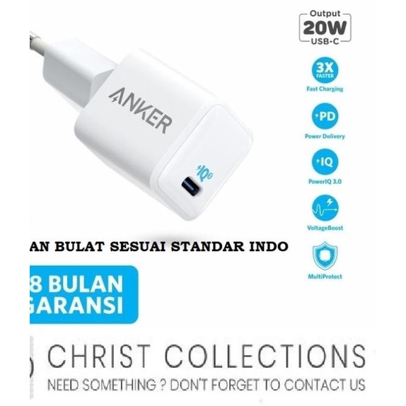 ANKER KEPALA CHARGER 20W FAST CHARGING PORT TYPE C IPHONE 12 & ANDROID - PUTIH-20WATT