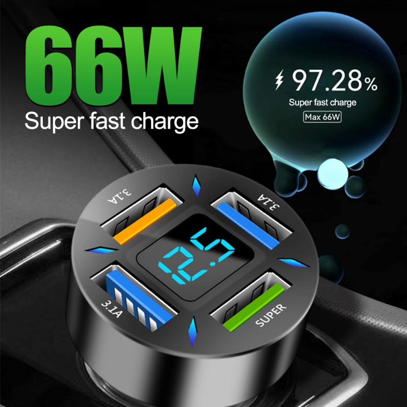 Adaptor Charger Mobil 4 Port Usb Fast Charging Portable Dengan Layar Digital