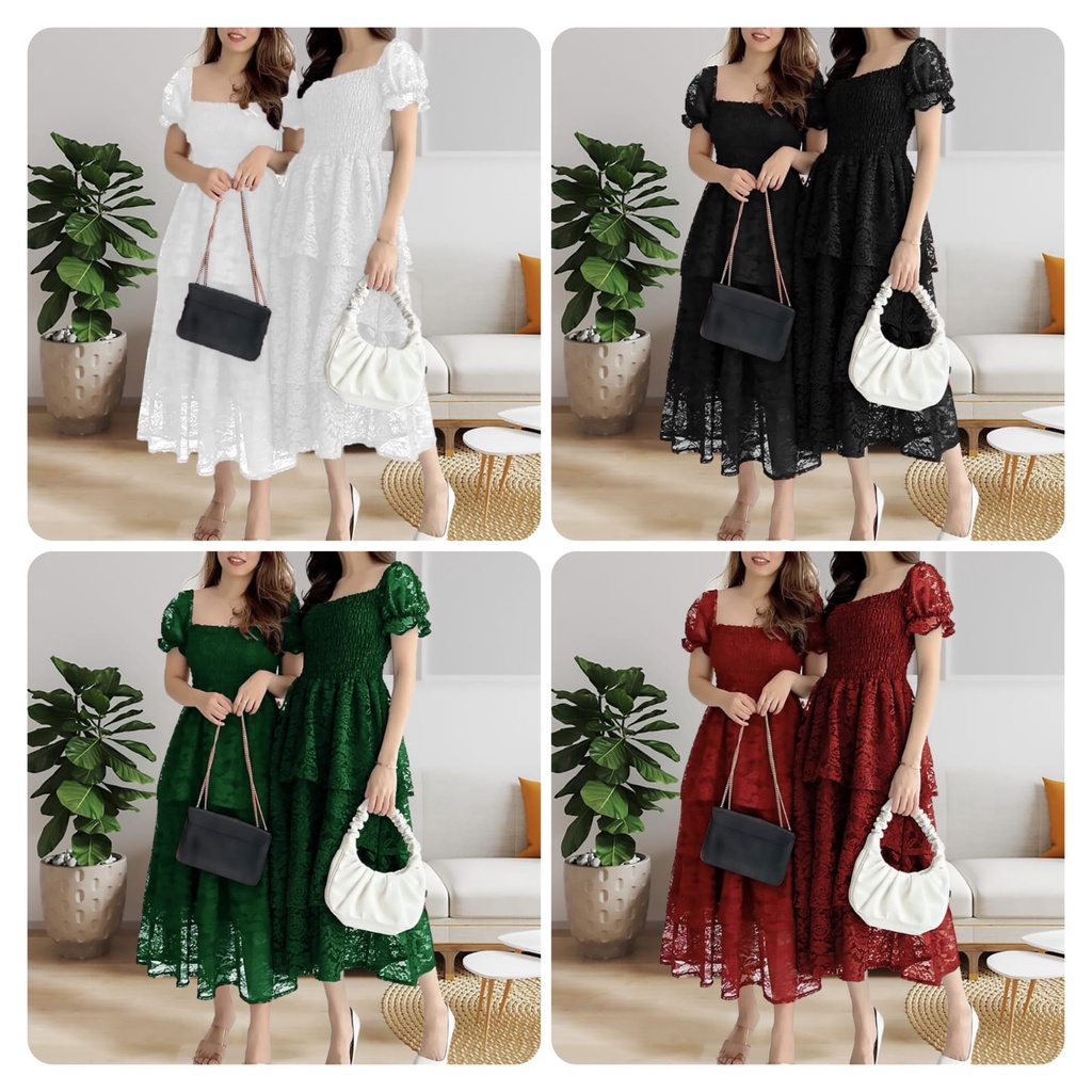 DRESS ELLIE FASHION PAKAIAN WANITA DRESS GAUN BRUKAT LAPIS FURING KR