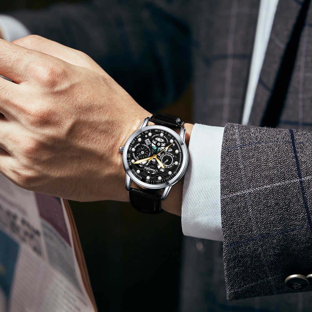 Sunlifex Jam Tangan Pria Dial Berongga Anti Air Kuarsa Tali Kulit Jam Pria Original Santai Mode Jam Tangan Cowok 7001-2