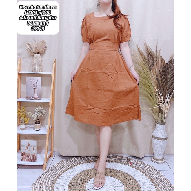 dress katun linen polos casual 9245