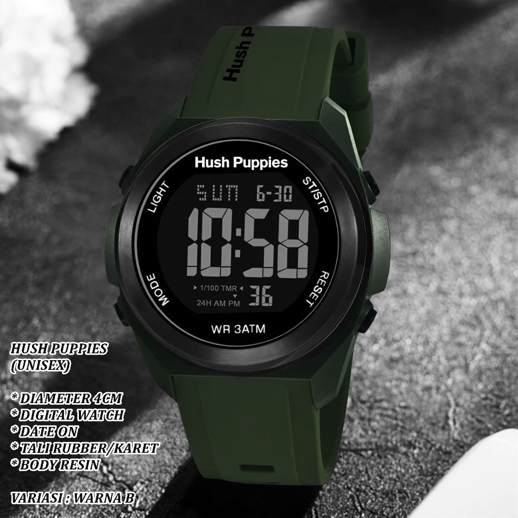 (BISA COD) JAM TANGAN DIGITAL UNISEX HUSH PUPPIES TALI RUBBER BODY RESIN BULAT TANGGAL AKTIF