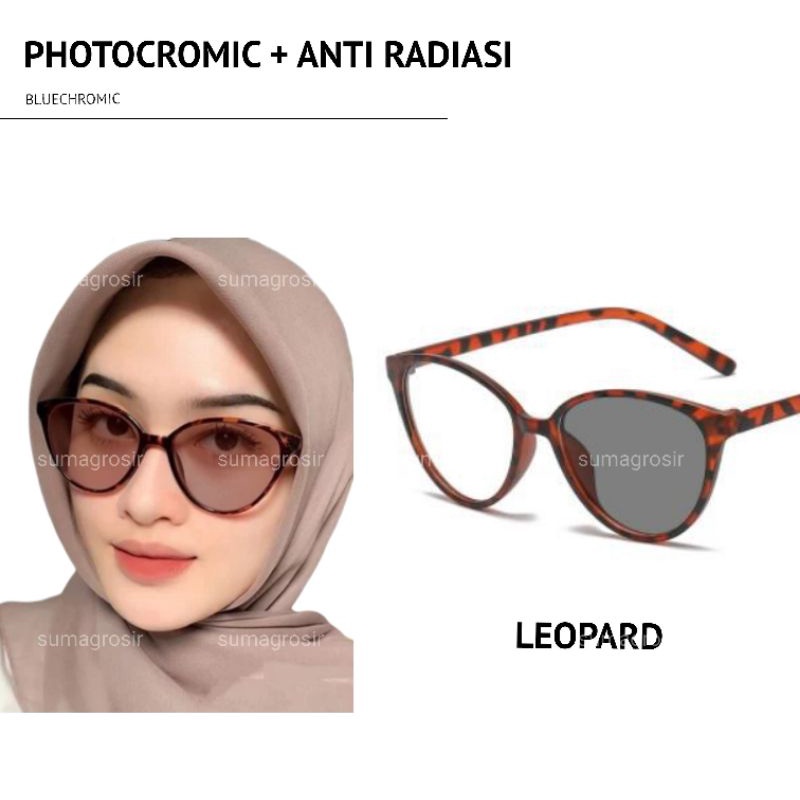 Kacamata Cat Eye Photocromic + Anti Radiasi BLUECHROMIC model gaya kucing cateye fashion korea Anti Silau UV Pria Wanita Photochromic Berubah Warna