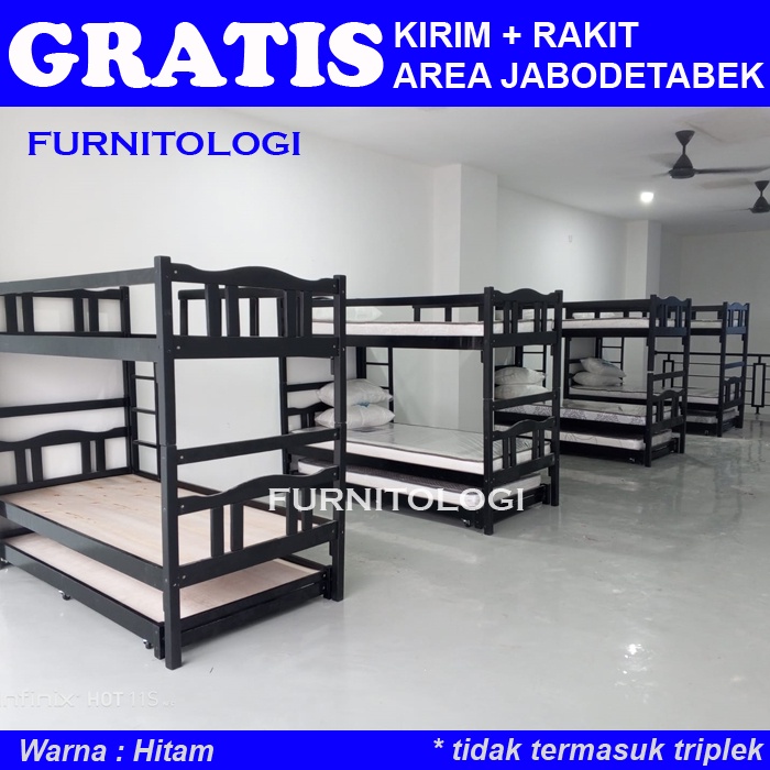 RB Ranjang 3 Susun - Ranjang Tingkat + Sorong 90x200 Tempat Tidur 3 Tingkat Ranjang Susun Kayu