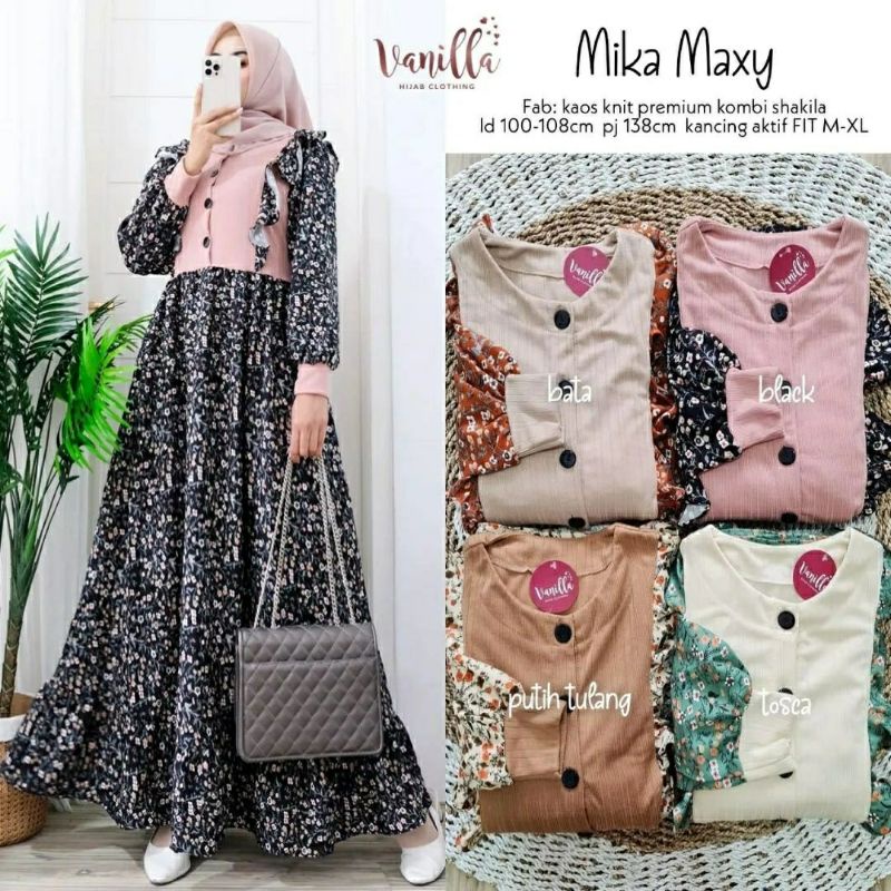 Mika Maxy, GAMIS WANITA MUSLIM CANTIK MODIS FIT XL LD 110-110 BAHAN KAOS KNIT IMPORT MIX SHAKILA PREMIUM OOTD