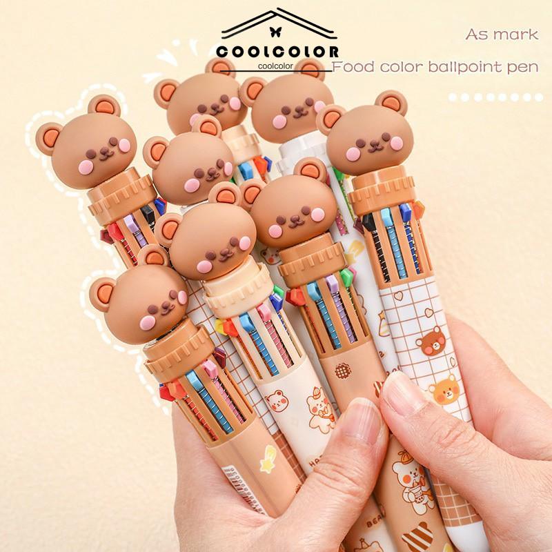COD❤️1pc Pulpen Mekanik 10 Warna Warni Rectractable Pen Color Motif Kartun Lucu Bear Grid Kotak Aesthetic Bolpoin Alat Tulis Sekolah- cl