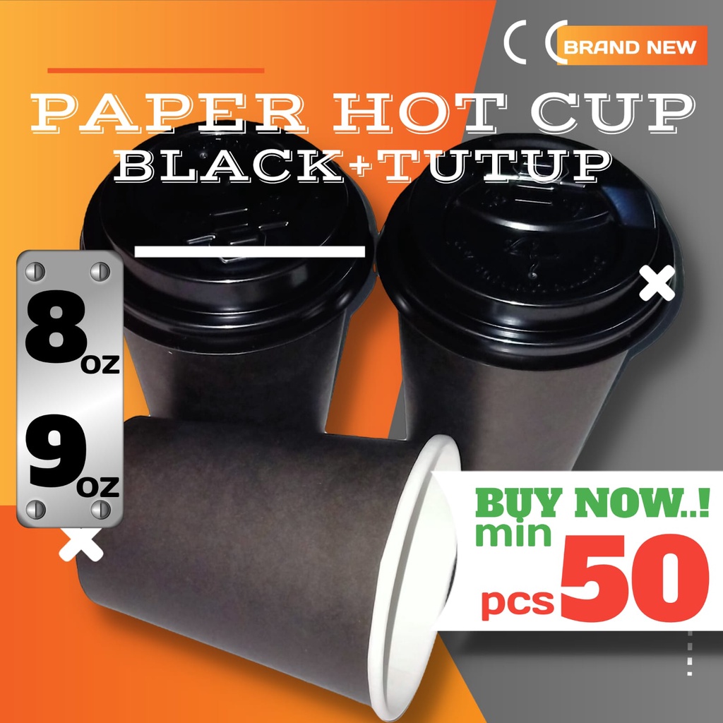 Paper Cup Black Hitam Plus + Tutup Papper Peper Tempat Gelas Cangkir Mug Cup Kopi Teh Susu Wedang Ja
