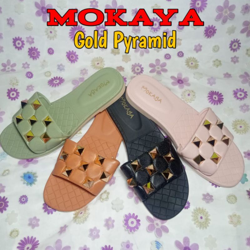 SANDAL SELOP KARET WANITA TIPE GOLD PYRAMID MERK MOKAYA ELEGAN