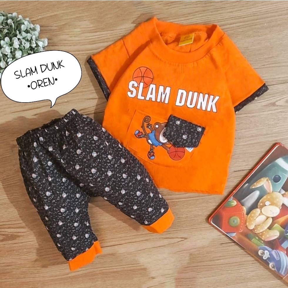 Setelan Baju Bayi Laki-Laki 0-6 Bulan Atasan Dan Celana Motif Trip Dan Slam Dunk / Pakaian Anak Cowok