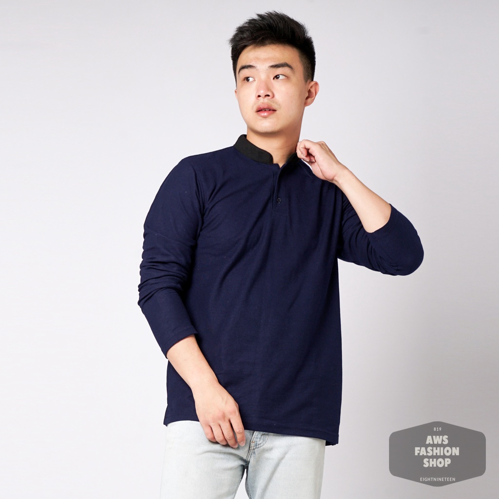 819 Kaos Polo Pria Polo Shirt Kerah Shanghai Lengan Panjang Warna Biru Navy Blue Casual Tersedia Ready Sampai Size JUMBO BIG SIZE XXL XXXL