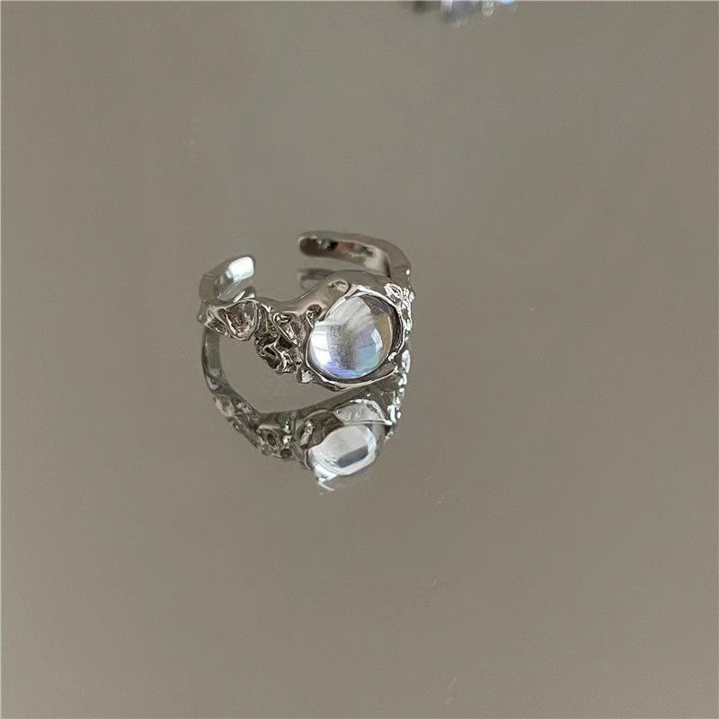 3pcs / Set Cincin Silver Model Terbuka Hias Kristal Opal Untuk Wanita