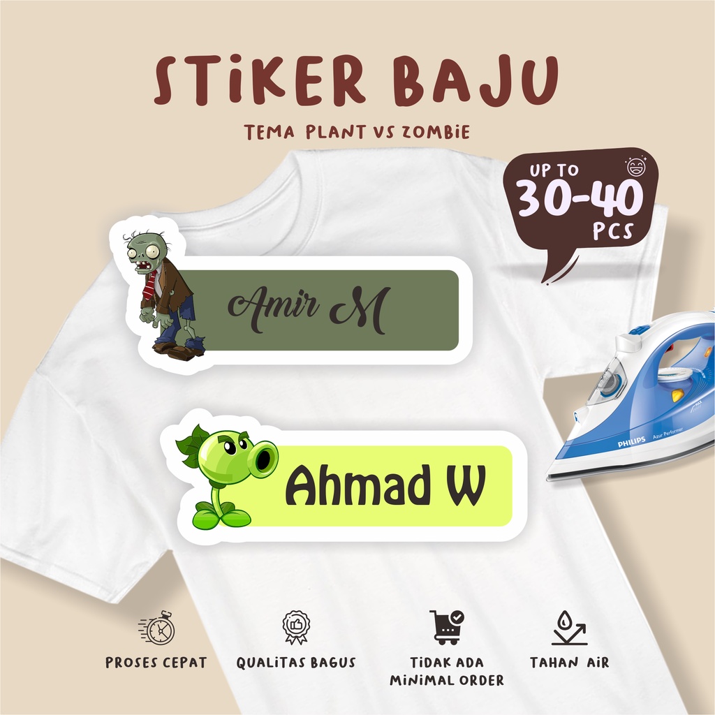 

(30-40pcs)cetak Stiker Kain/anti luntur/dapat banyak/ Label Baju Nama Anak tema ZOMBIE AND PLANT / Sablon Setrika Name /Label Sticker Iron on sticker a/ Kain/sablon setrika murah