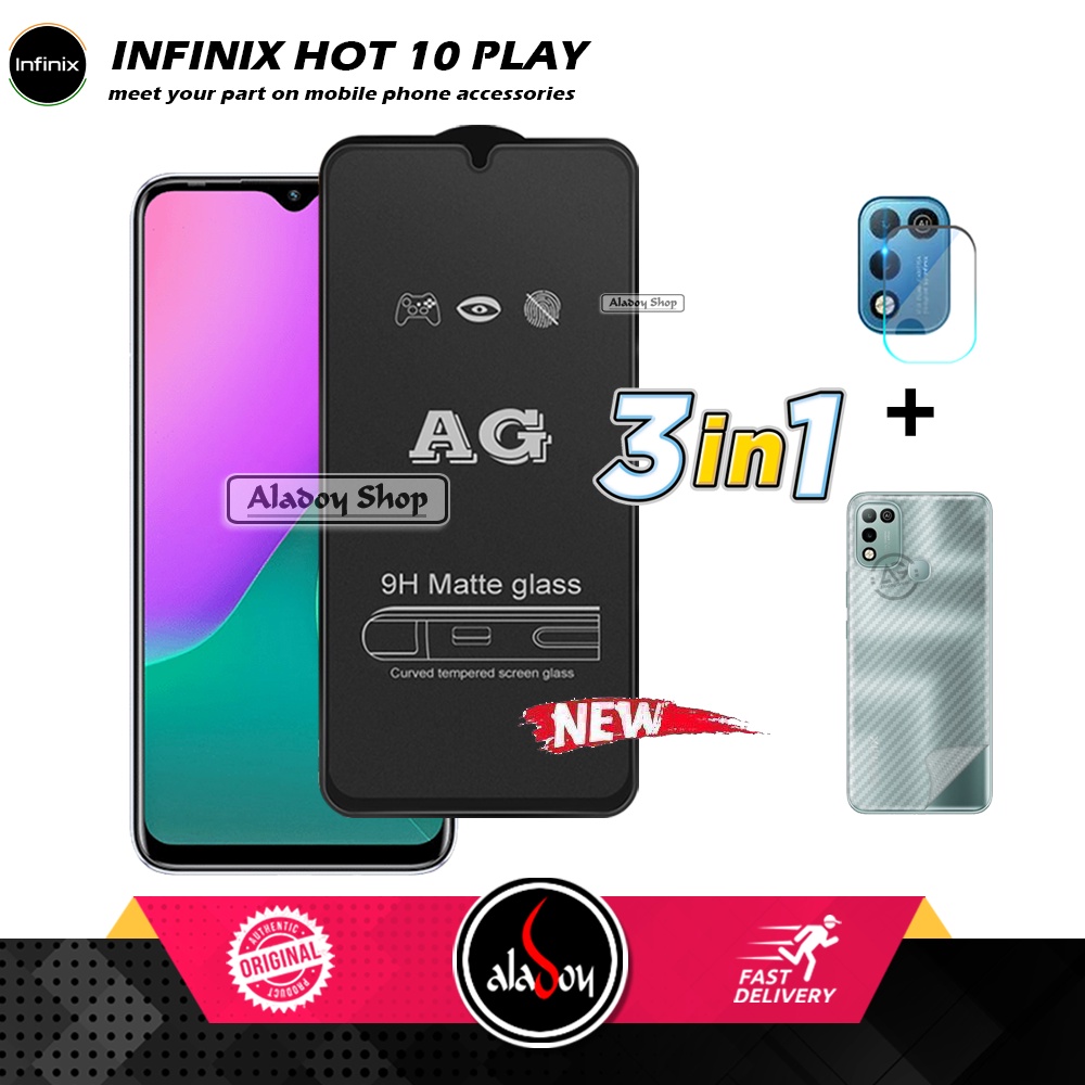 Paket 3IN1 Tempered Glass Layar Matte Anti Glare Infinix Hot 10 Play Free Tempered Glass Camera dan Skin Carbon