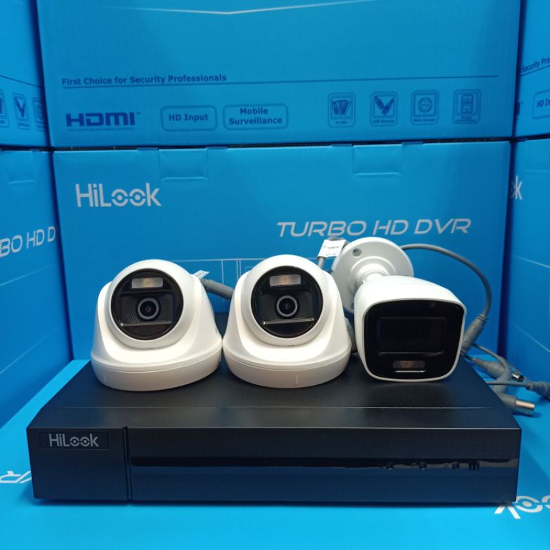 PAKET CCTV HILOOK 4 CHANNEL 3 KAMERA 2MP COLORVU KOMPLIT TINGGAL PASANG