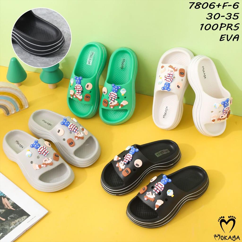 Sandal Slop Wedges Eva Wanita Anak Cewek Motif Mainan Jibbitz Bear Star Super Cute Ringan Empuk Kekinian Import Mokaya / Size 30-41 (7806+F-6)