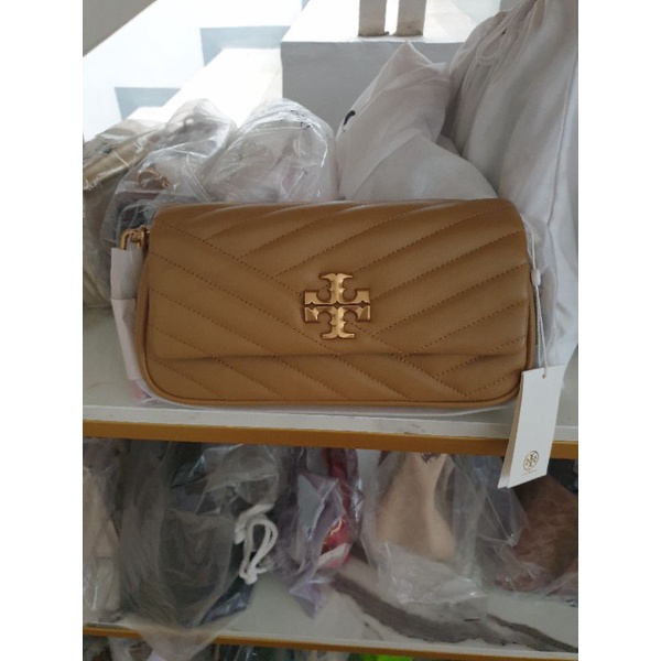 Tory Burch Kira Chevron small flap tassel almond