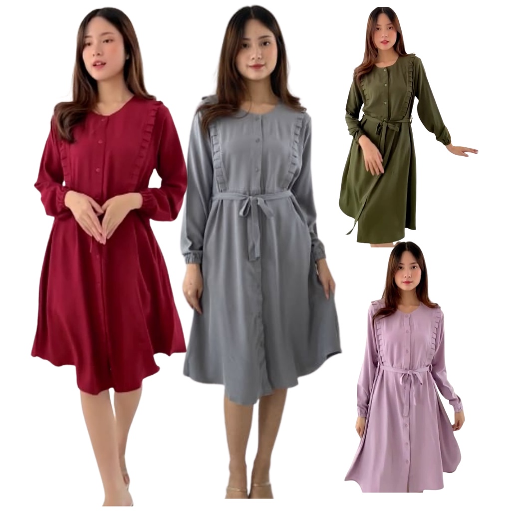 Nhm Midi Dress Wanita Mayra, Atasan Wanita Full Kancing