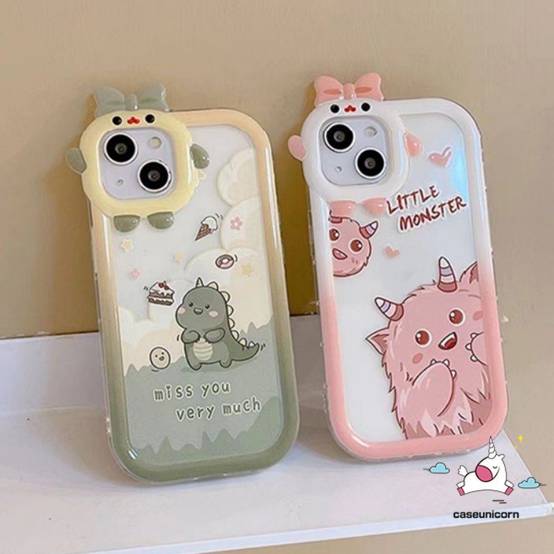 Casing Realme C33 C25Y C12 C15 C21Y C31 C11 C35 C30 C25 C25s C21 C2 C1 C3 C17 8 8i 9 8pro 7 9pro+5 6i 9i 5s 5 7i Kartun Dinosaurus Monster Lucu 3D Bow Little Monster Lensa Soft Case Tempat Kotak Makan