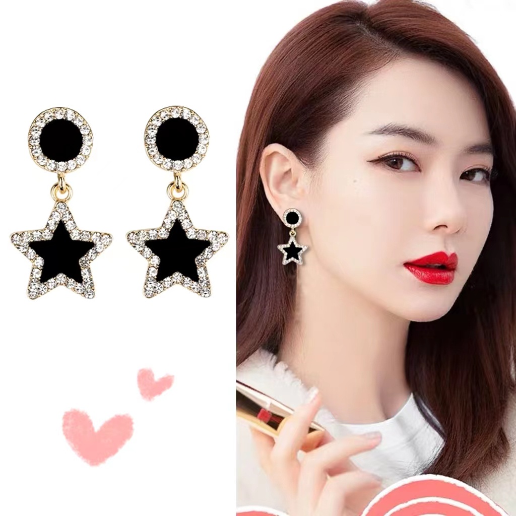 Silver Korea Anting Pentagram Anting Berlian Bulat / Anting Pentagram Korea Berlian Bulat Wanita