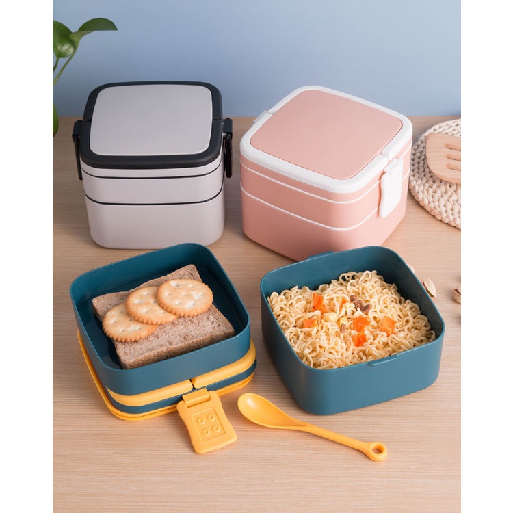 RANTANG SUSUN 2 PLASTIK PP FOOD GRADE LUNCH BOX TEMPAT MAKAN FREE SENDOK SUSUN 2