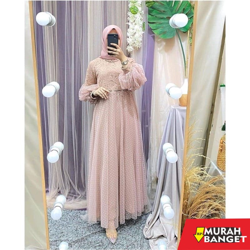 model gamis kombinasi polos terbaru 2022 SIZE L~2XL MAXI SALSA JUMBO DRESS GAMIS BRUKAT TILE DOT GAM