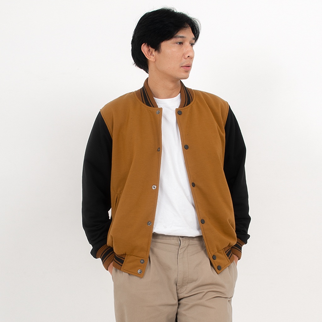 JipClo Jaket Varsity Baseball Unisex Pria Wanita Camel Black