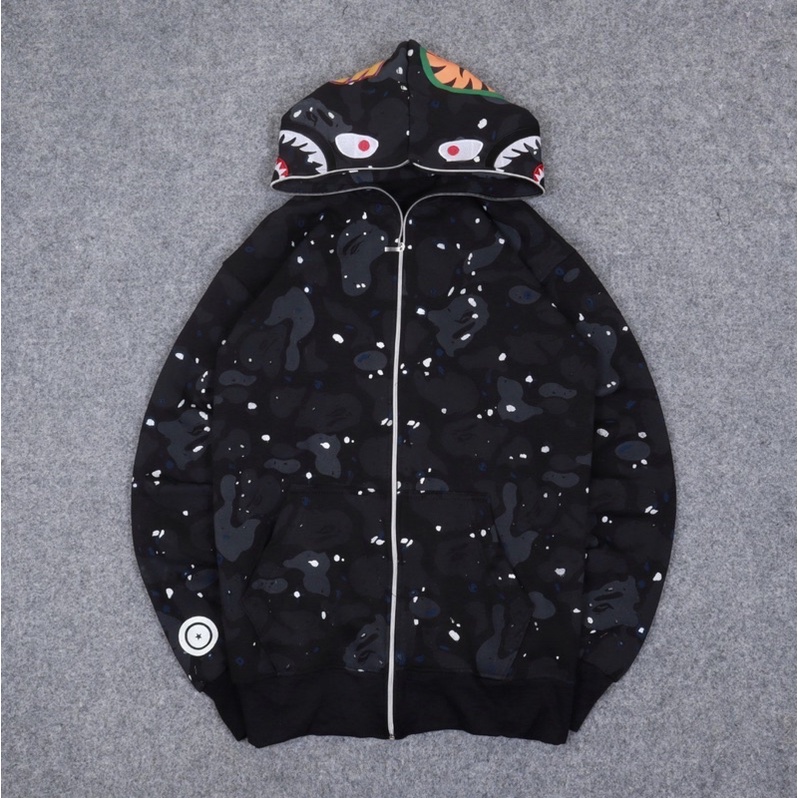 Jaket Hoodie Pria Wanita Bape WGM GLOW IN THE DARK Double Kupluk Hitam Motif Camo Original Desain Pr