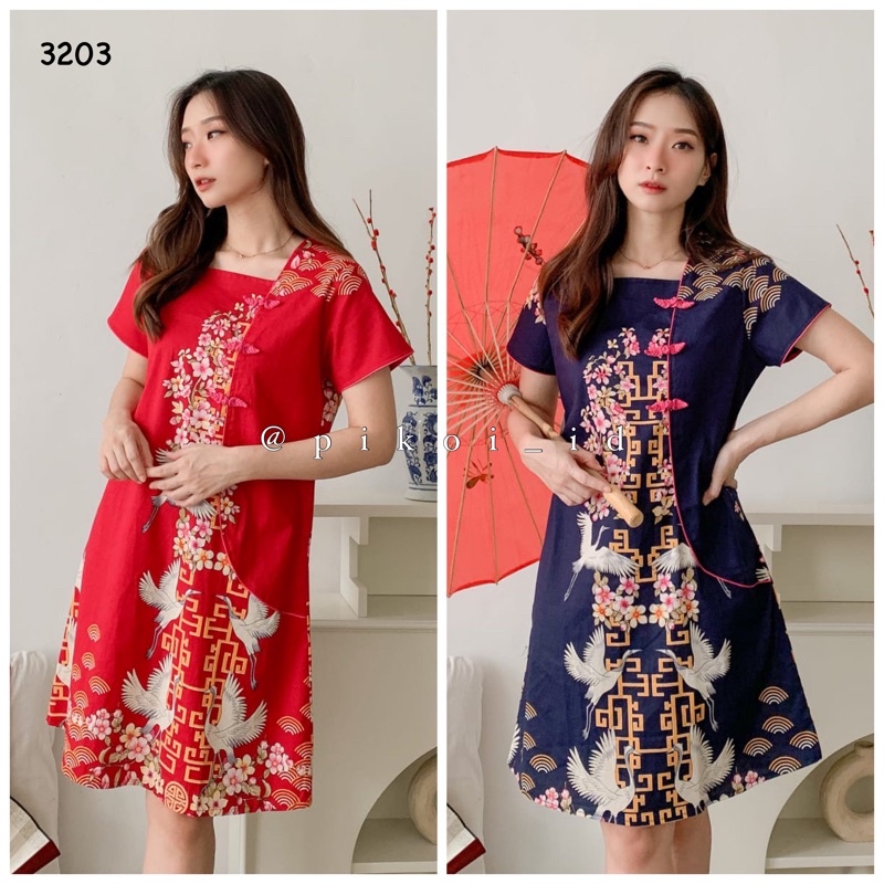 Dress Cheongsam Batik Merah CNY / Dress Congsam Qipao Sincia Katun Stretch / 3205 2866 3203