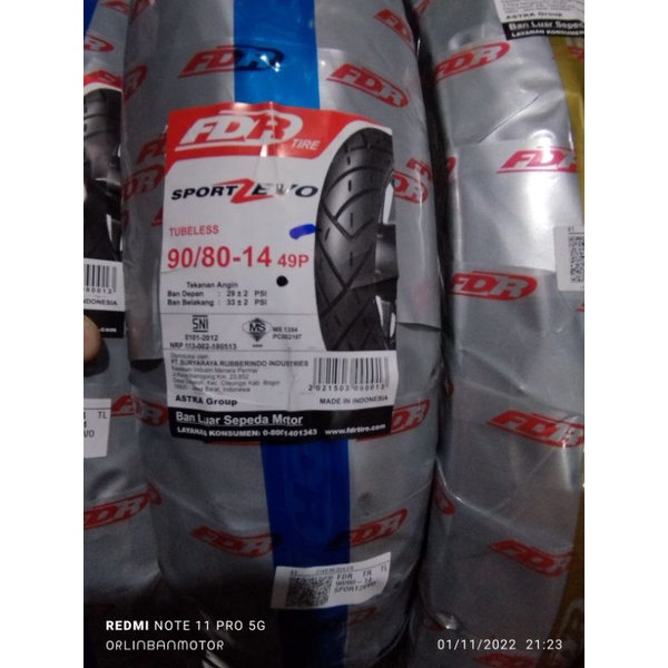 Ban FDR Sport Zevo 90/80-14 Tubles/Ban Depan Honda New Vario125/Ban Luar FDR Depan Vario New 150/Ban