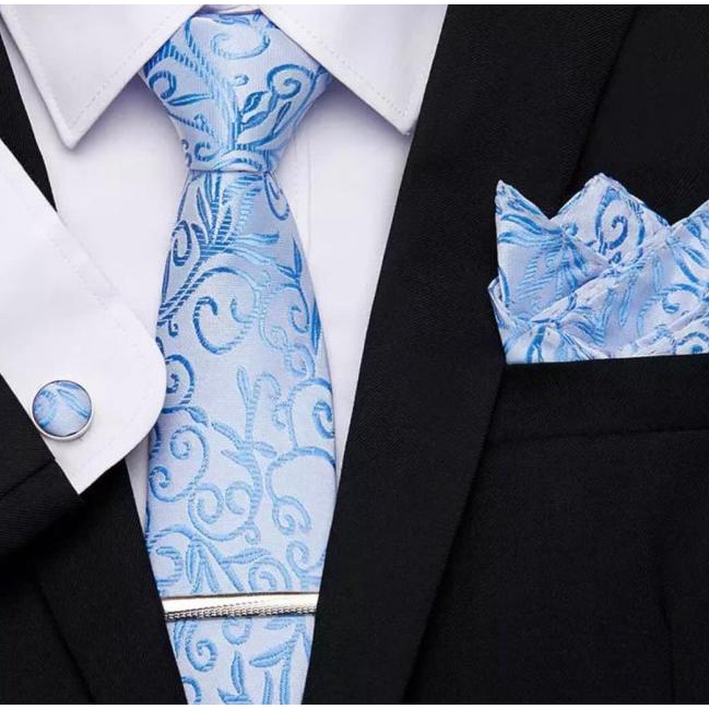 Gift set biru muda sky blue batik lengkap dasi panjang pocket square