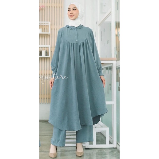 Marwah Set Crinkle Jumbo  Baju Setelan Wanita Kekinian / Long Tunik Set Celana Crinkle Airflow Ld 120 Cm Pakaian Wanita Terbaru