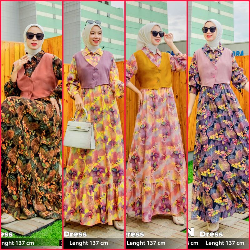 (brand lokal extu) gamis dress mix rompi rayon original