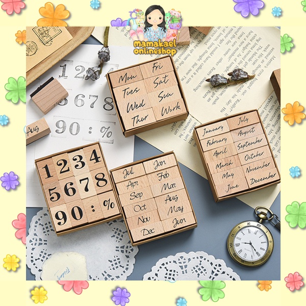 

1 set wooden stamp vintage retro month week day diy journal scrapbook stempel kayu bulan hari MK1364