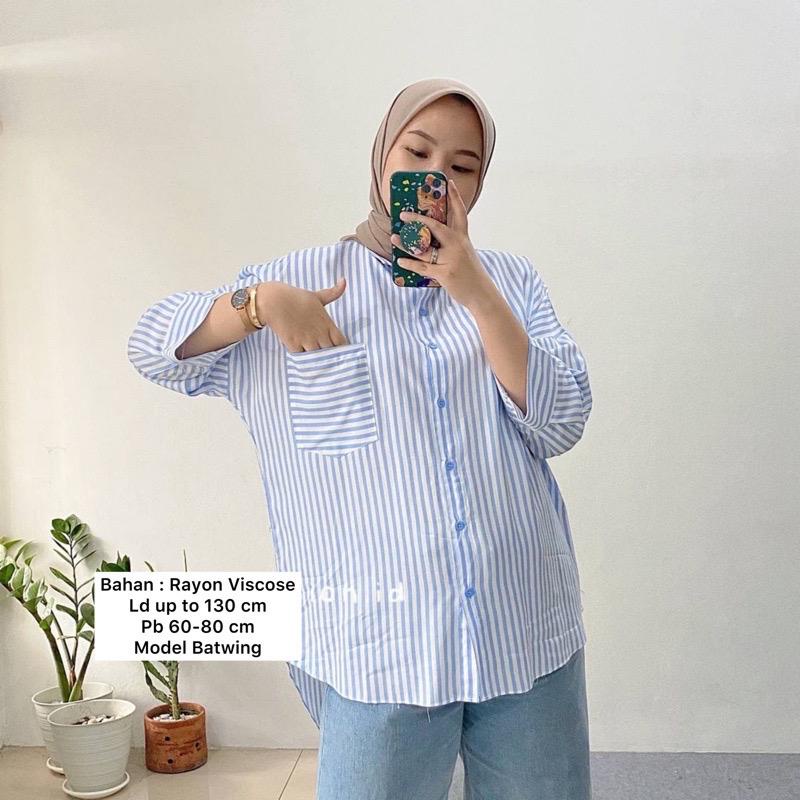 Atasan Wanita Motif  Salur Oversize Kemeja Kuliah Terbaru