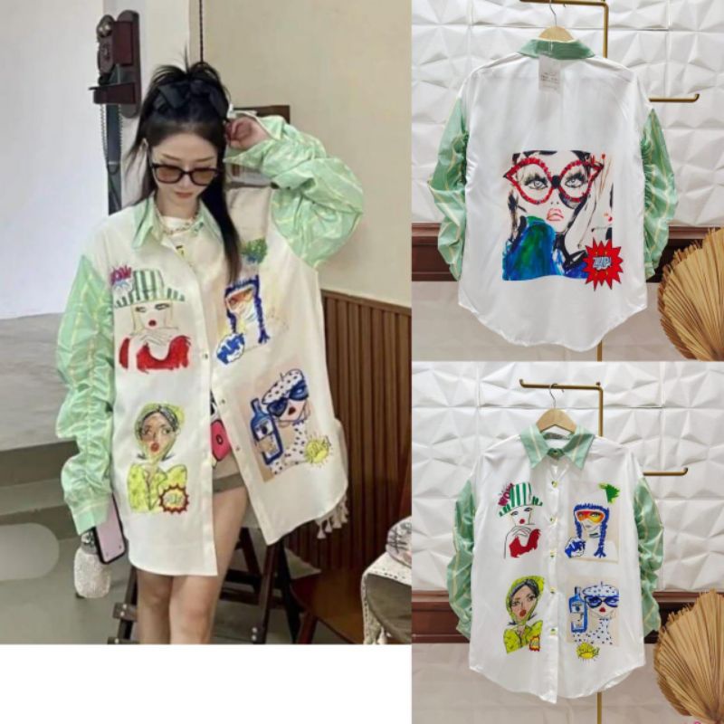 KEMEJA OVERSIZE MOTIF RETRO // ATASAN IMPORT PREMIUM BKK // TOP IMPORT PREMIUM BKK // FASHION  MUSLIM IMPORT KOREA