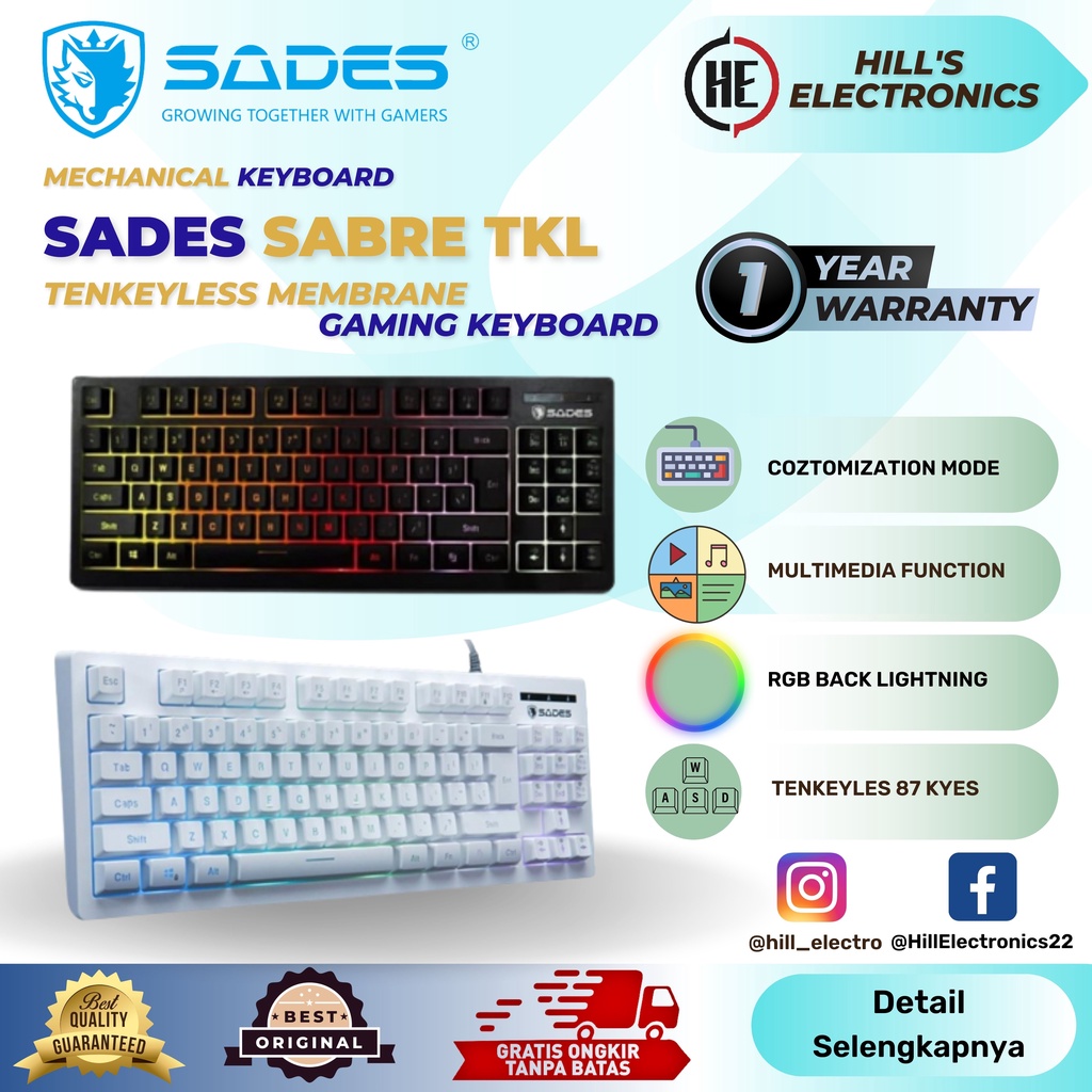 Sades Sabre TKL RGB Gaming Keyboard - Hitam