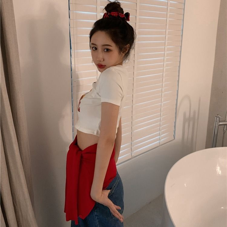 Suhao 100% katun t-shirt pendek wanita musim panas baru versi Korea dari gaya hong kong slim fit dan slim all-match cropped navel short top ins