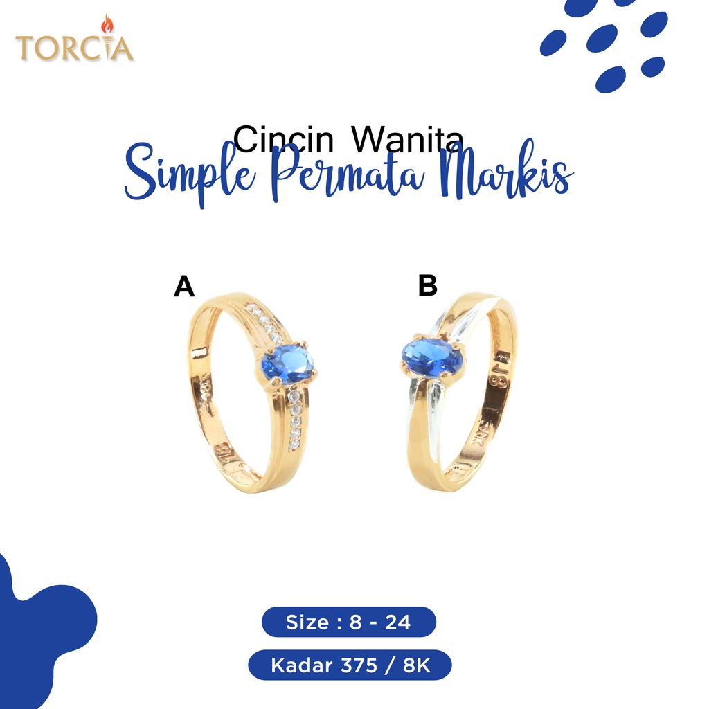 Cincin Wanita Emas Asli Simple Permata Oval Biru Kadar 375 Torcia