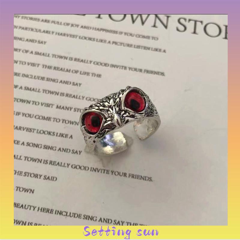 Kristal Vintage Style Burung Hantu Cincin Perak 925 Pria Wanita Punk Crystal Rings Adjustable Size TN