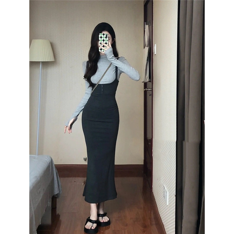 2022 Baru Fashion Keinginan Murni Gaya Gadis Panas Suspender Fishtail Rok Panjang Musim Gugur Pinggang Tinggi Slim Fit Tas Hip gaun Pakaian Wanita