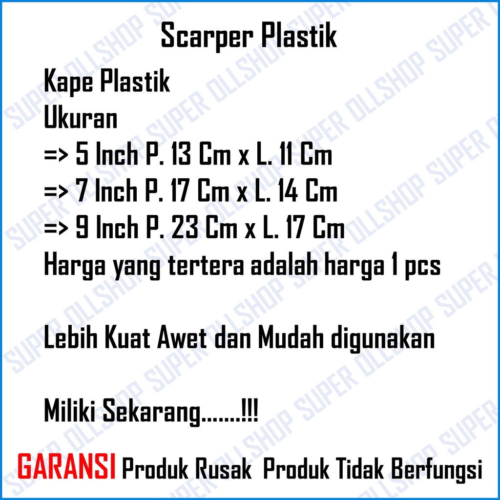 Kape Plastik PVC 5 Inci / Scrap Scrapper Skrap Sekrap Dempul / Kape Pvc Plastik / Kape Plastik / Kapi Skrap Scrap Sekrap Scraper 5&quot; &amp; 7&quot; 9 Inch Murah