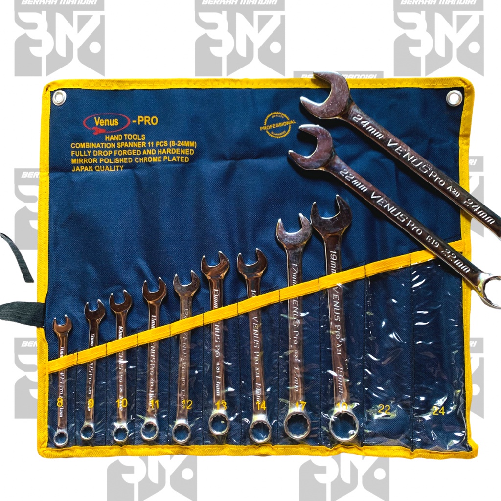 Kunci Ring Pas Set 8-24mm Venus Pro Combination Spanner Wrench Bahan Cr-v Kombinasi Ring dan Kunci Pas 8/9/10/11/12/13/14/17/19/22/24mm Multifungsi Bahan Chrome Vanadium Steel