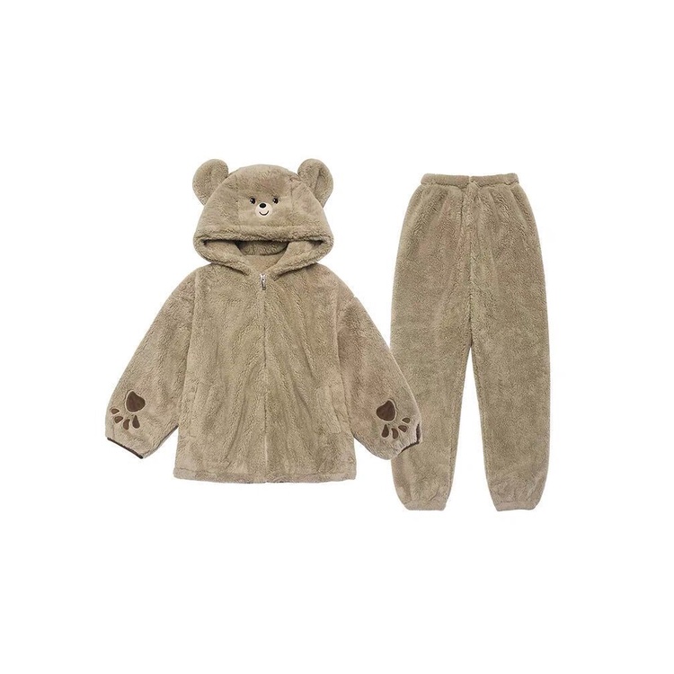 Dapat dipakai di luar menebal flanel piyama perempuan net merah angin lucu beruang berkerudung bulu