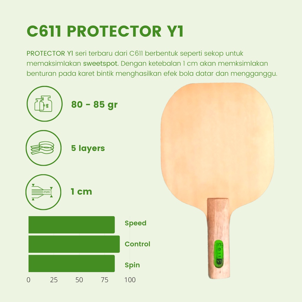 Bet Tenis Meja Protector Y1 C611 Kayu Pingpomg Bintik Serang Bertahan Tebal 1 cm Blade