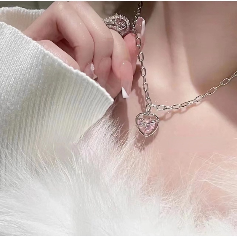 Kalung Klavikula Hias Liontin Hati Panah Cupid Aksen Kristal Pink Model Rongga Untuk Hadiah