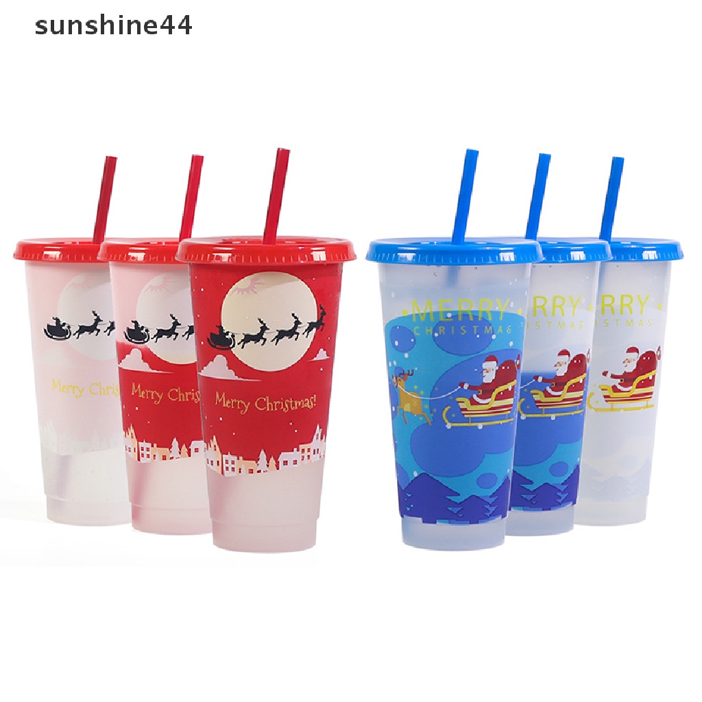 Sunshine Gelas Minum Plastik Motif Natal Dengan Sedotan Dapat Berubah Warna