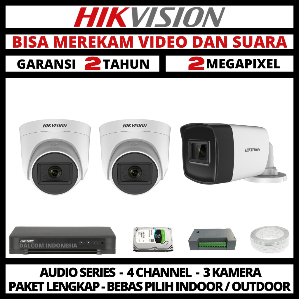 PAKET CCTV HIKVISION 2MP 4 CHANNEL 3 CAMERA TURBO HD 1080P KAMERA CCTV &amp; DVR FULL HIKVISION