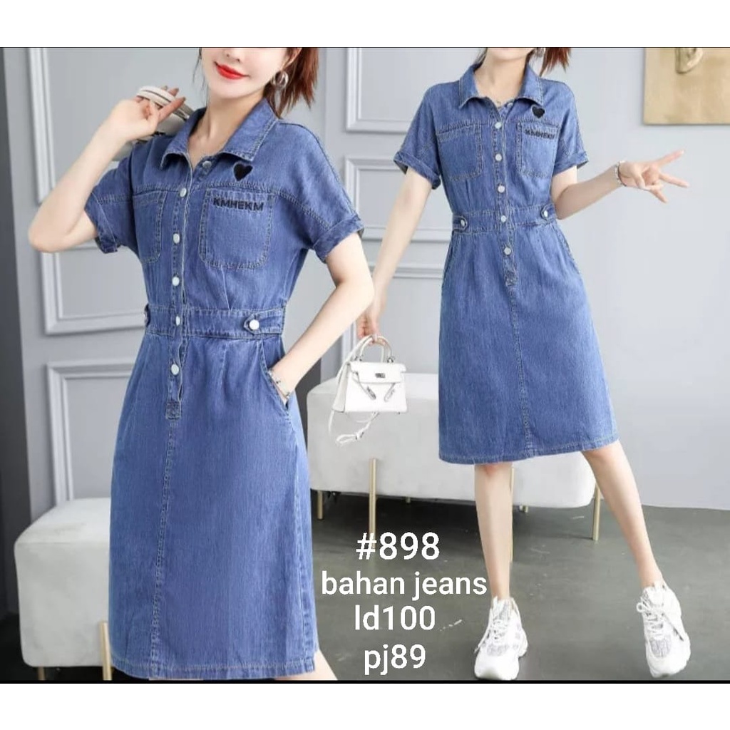 Mini Dress Denim Jeans Lengan Panjang Import Polos