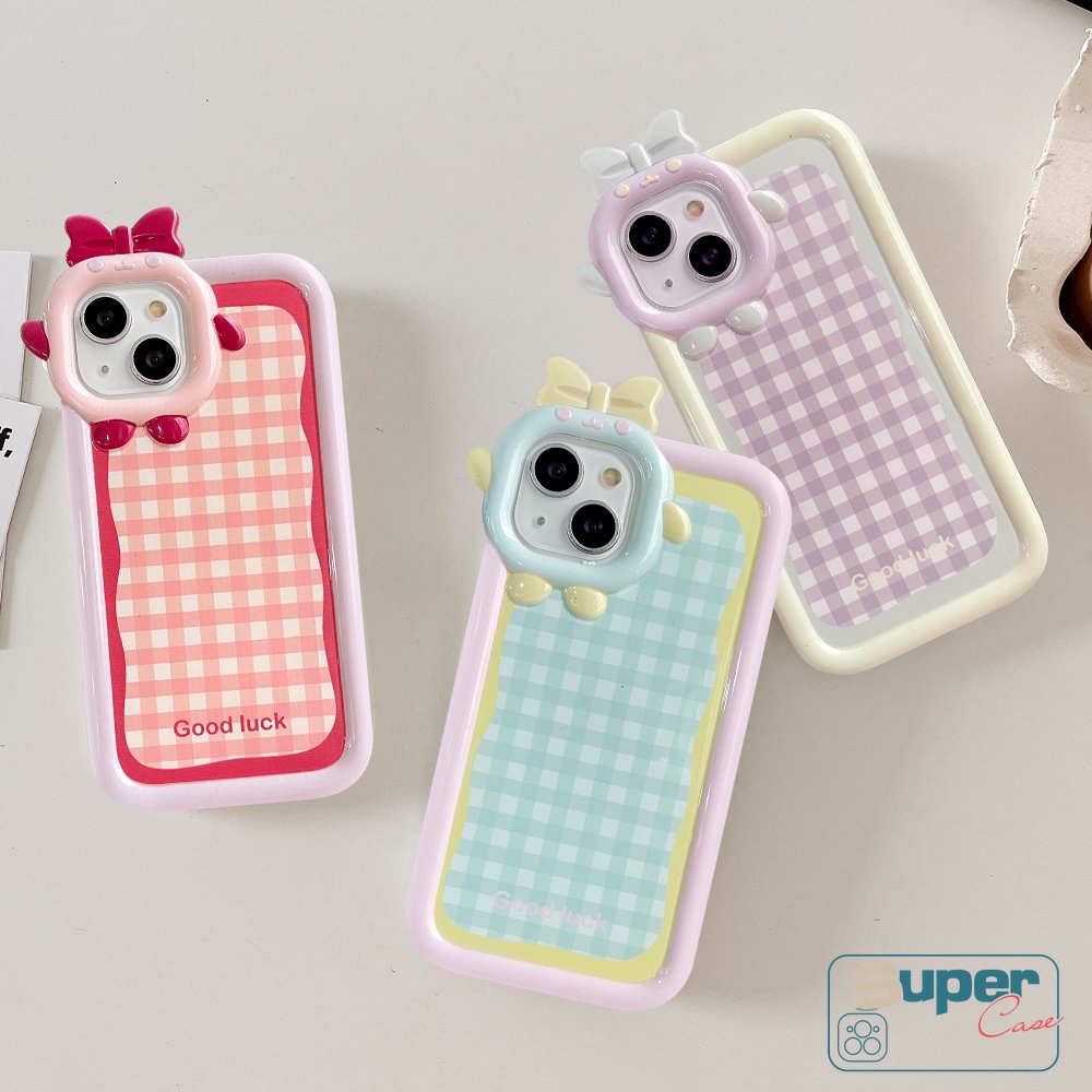 Phone Case Compatible For iPhone 11 XR 7plus 7 8 6 6S 14 Plus 14 13 12 Pro Max X XS MAX SE Cute Ins Colorful Lattice Cartoon 3D Bow-knot Little Monster Lens Soft Back Cover